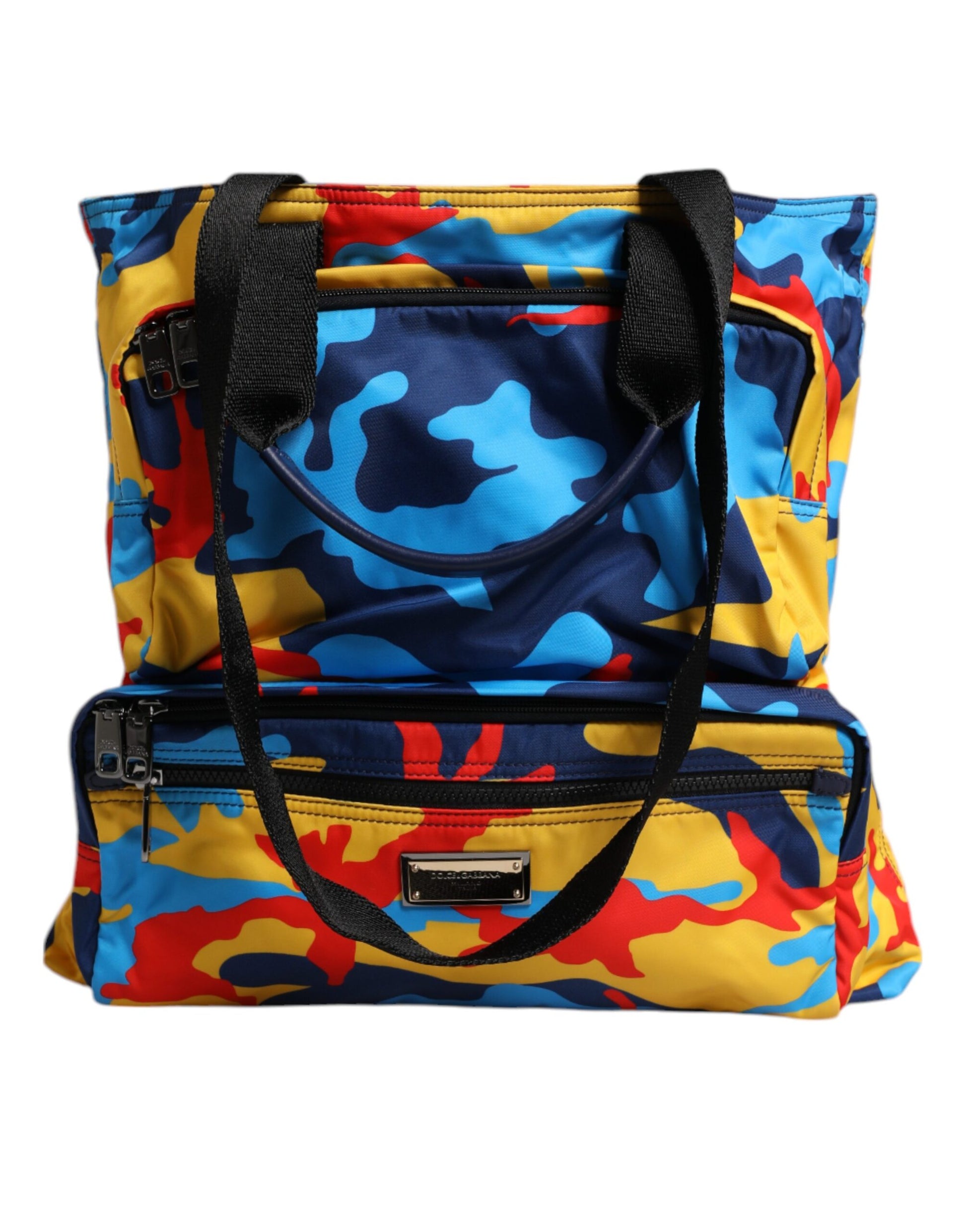 Shopper Tote Bag by Dolce & Gabbana for women in nylon fabric multicolor, silver & camouflage features a jet-set Nylon Fabric Shopper Tote Bag design, complete with a secure zipper, ample external-pockets, and versatile shoulder-strap & handle for a jet-set look.