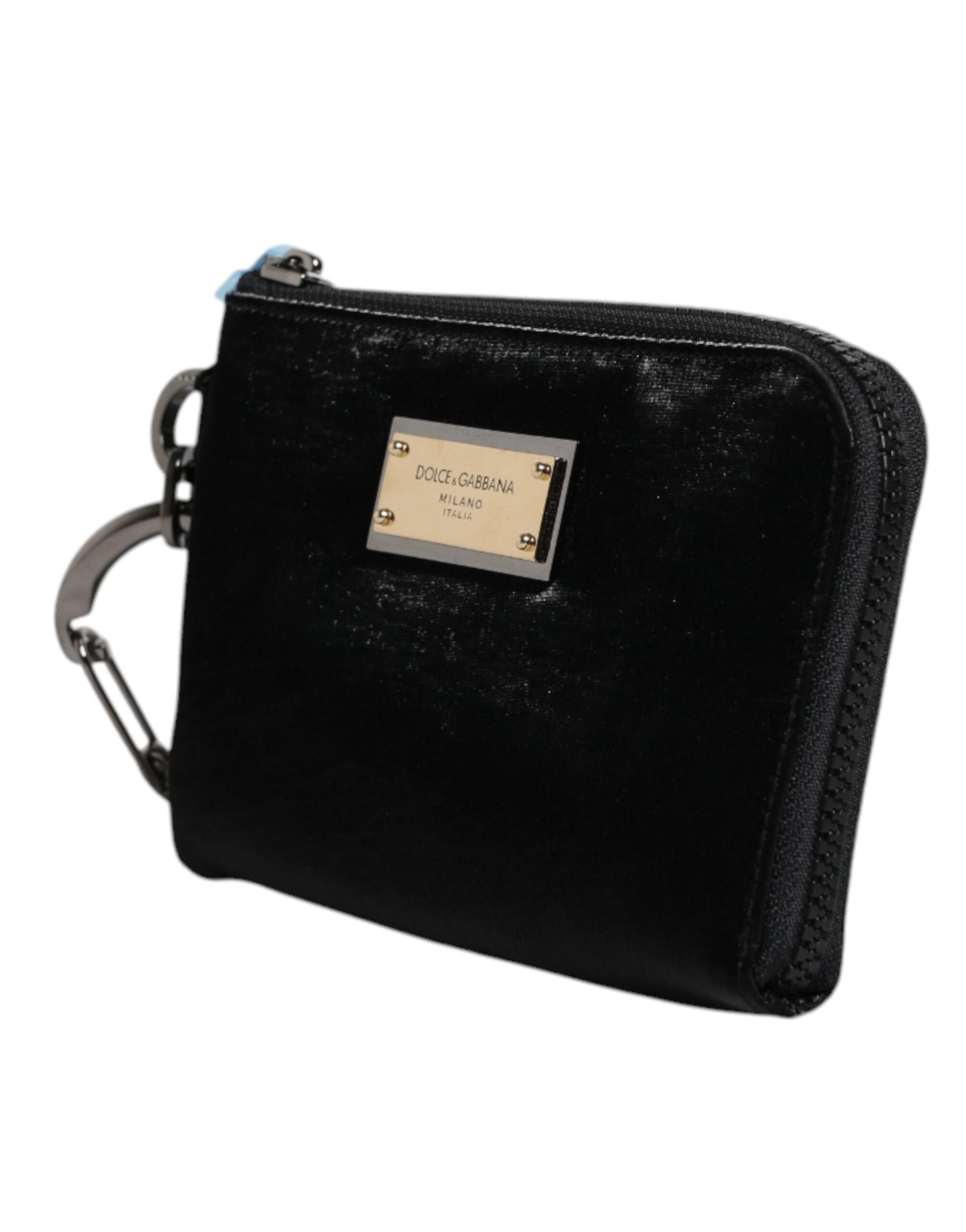 Pouch Clutch Handbag by Dolce & Gabbana for men in calfskin leather & nylon black, gold & silver features a statuesque silhouette, showcasing a secure zipper and organized with versatile for statuesque evening wear.