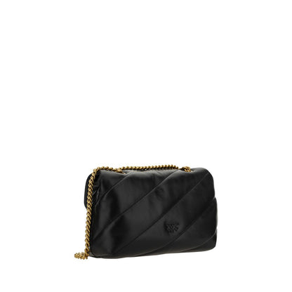 Quilted Shoulder Bag by PINKO for women in calfskin black, gold, signature & monogram presents a versatile silhouette, showcasing a secure magnetic & button and versatile with versatile shoulder-strap for a sophisticated look.