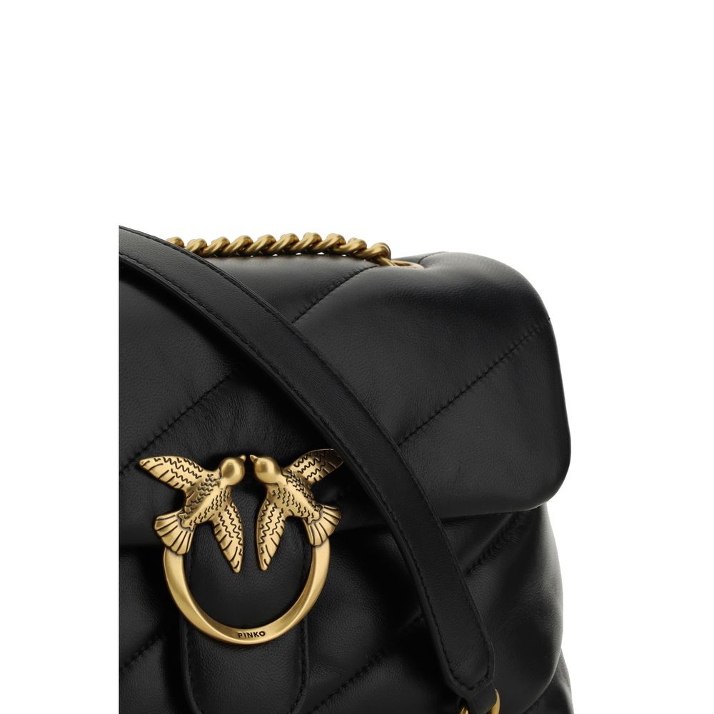Quilted Shoulder Bag by PINKO for women in calfskin black, gold, signature & monogram features an effortlessly chic silhouette with a secure magnetic & button, ample , and versatile shoulder-strap for effortlessly chic everyday luxury.