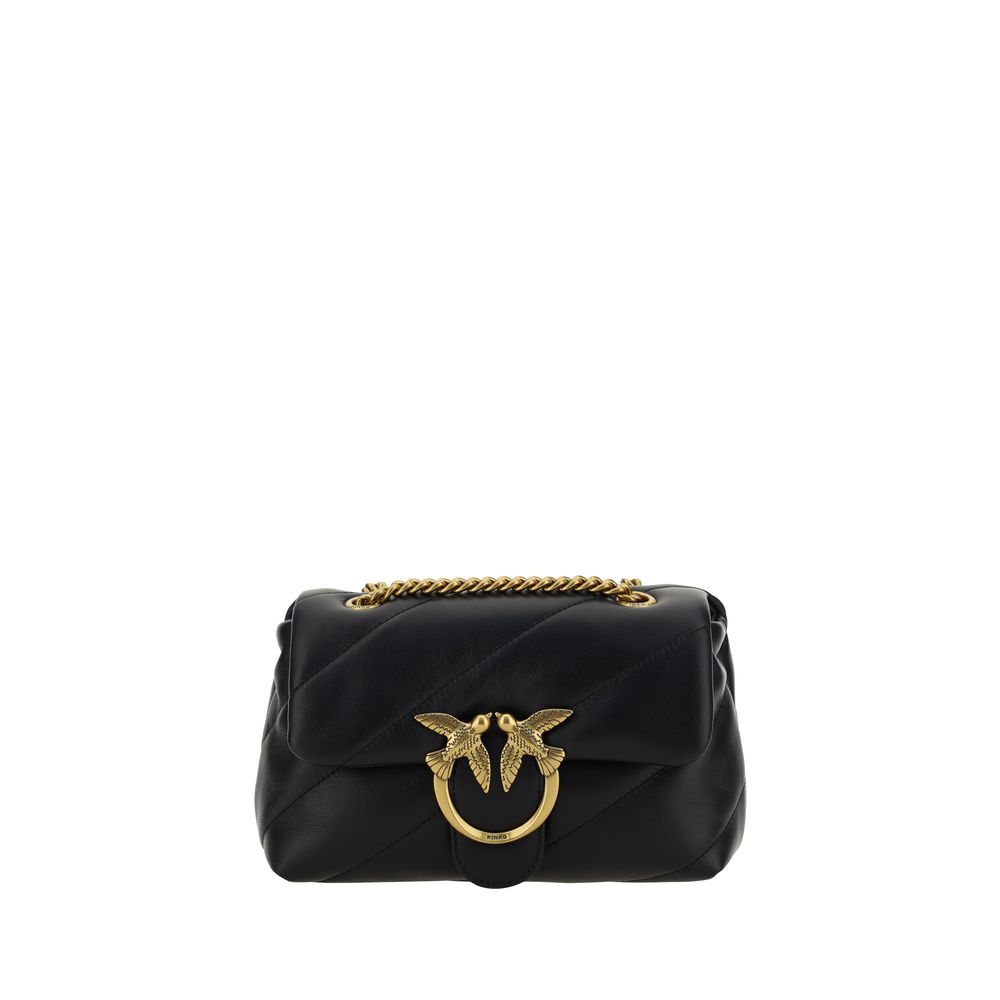 Mini 2-in-1 Shoulder & Crossbody Quilted Bag by PINKO for women in leather black, gold & monogram showcases a enviable silhouette, artfully detailed with a secure magnetic & button, organized , and versatile crossbody-strap & shoulder-strap for a enviable look.