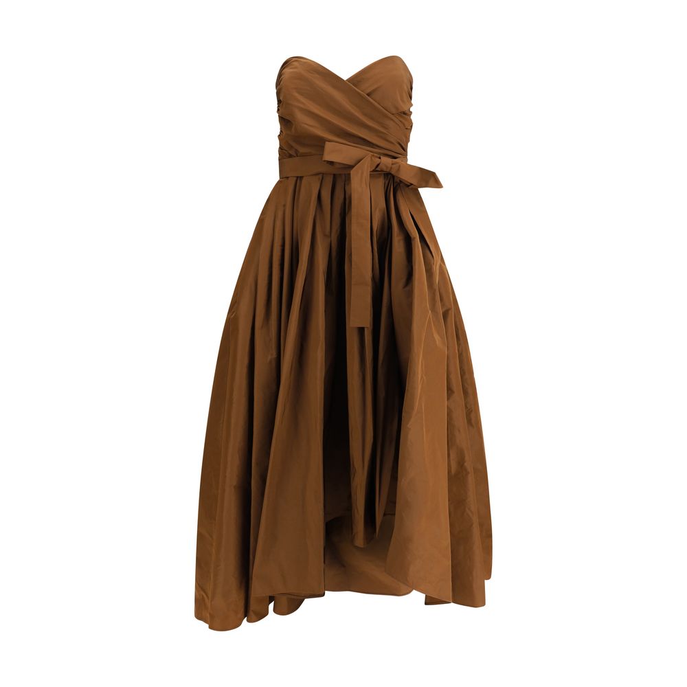 Dress by PINKO for women in polyester brown features a dramatic silhouette, showcasing an elegant strapless neckline and sleeveless; strapless that flows into a dramatic long.