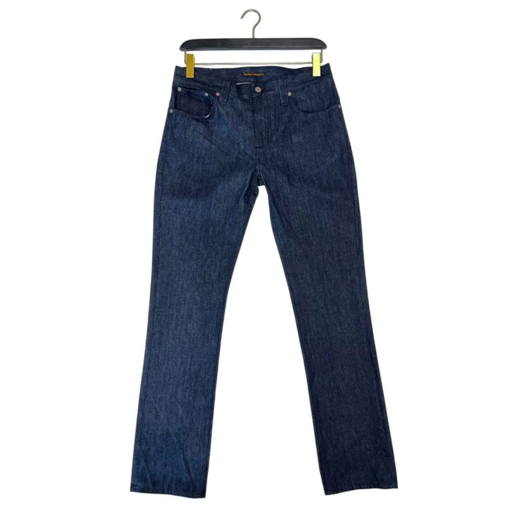 Jeans by Nudie Jeans for men in denim cotton blue & signature presents a tailored silhouette, showcasing a tailored straight-leg and long cut with a refined for a truly tailored aesthetic.