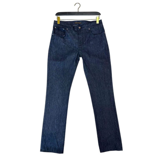 Jeans by Nudie Jeans for men in denim cotton blue & signature presents a tailored silhouette, showcasing a tailored straight-leg and long cut with a refined for a truly tailored aesthetic.