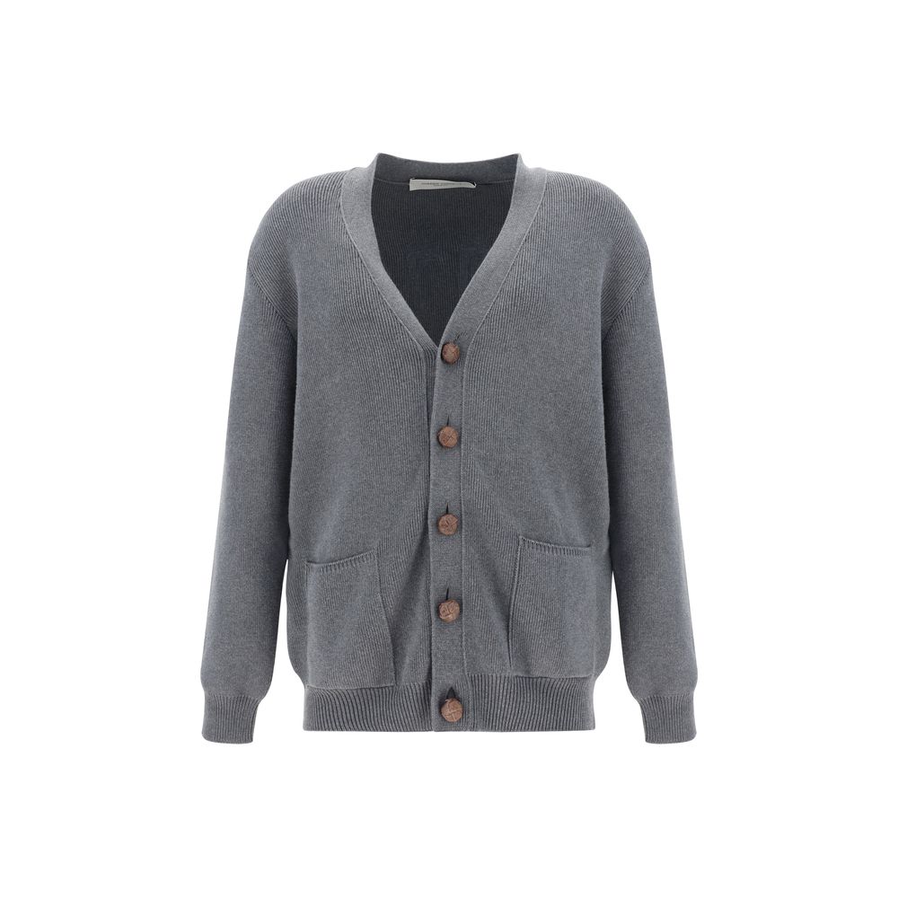 Cardigan by Golden Goose for men in stretch polyamide cotton gray & monogram showcases a captivating silhouette, artfully detailed with a captivating and v-neck neckline for a truly sophisticated captivating look.
