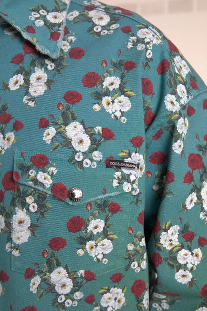 Dolce & Gabbana Blue Floral Cotton Button Down Denim Shirt