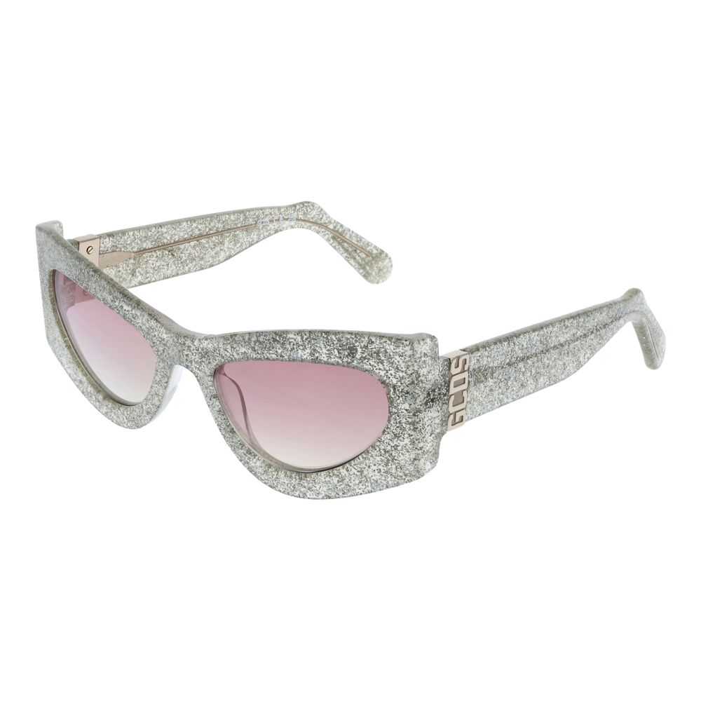 Sunglasses by GCDS for unisex in acetate silver features an ethereal full-rim cat-eye frame design with silver coloured frame frames and mirrored category-2-medium-tint lens for a ethereal finish.