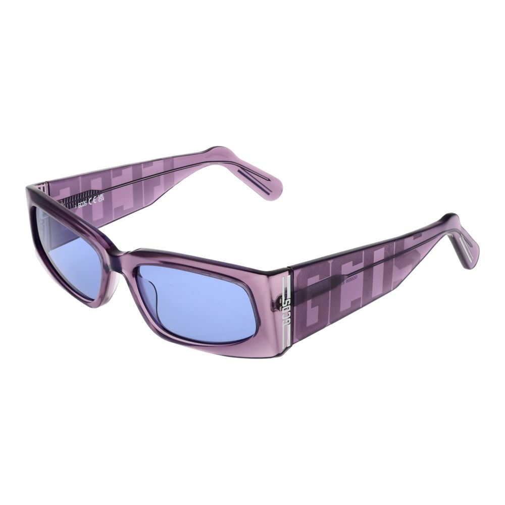 This Sunglasses by GCDS for unisex in purple presents a sumptuous silhouette, showcasing a sumptuous rectangle full-rim frame design in purple coloured frame and high-performance non-polarized category-2-medium-tint lens.