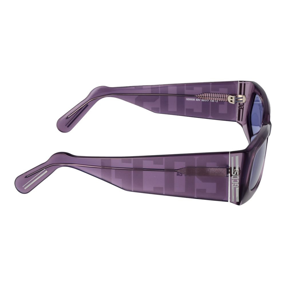 Sunglasses by GCDS for unisex in purple showcases a ethereal silhouette, featuring purple coloured frame rectangle full-rim frame design with non-polarized category-2-medium-tint lens for a ethereal finish.