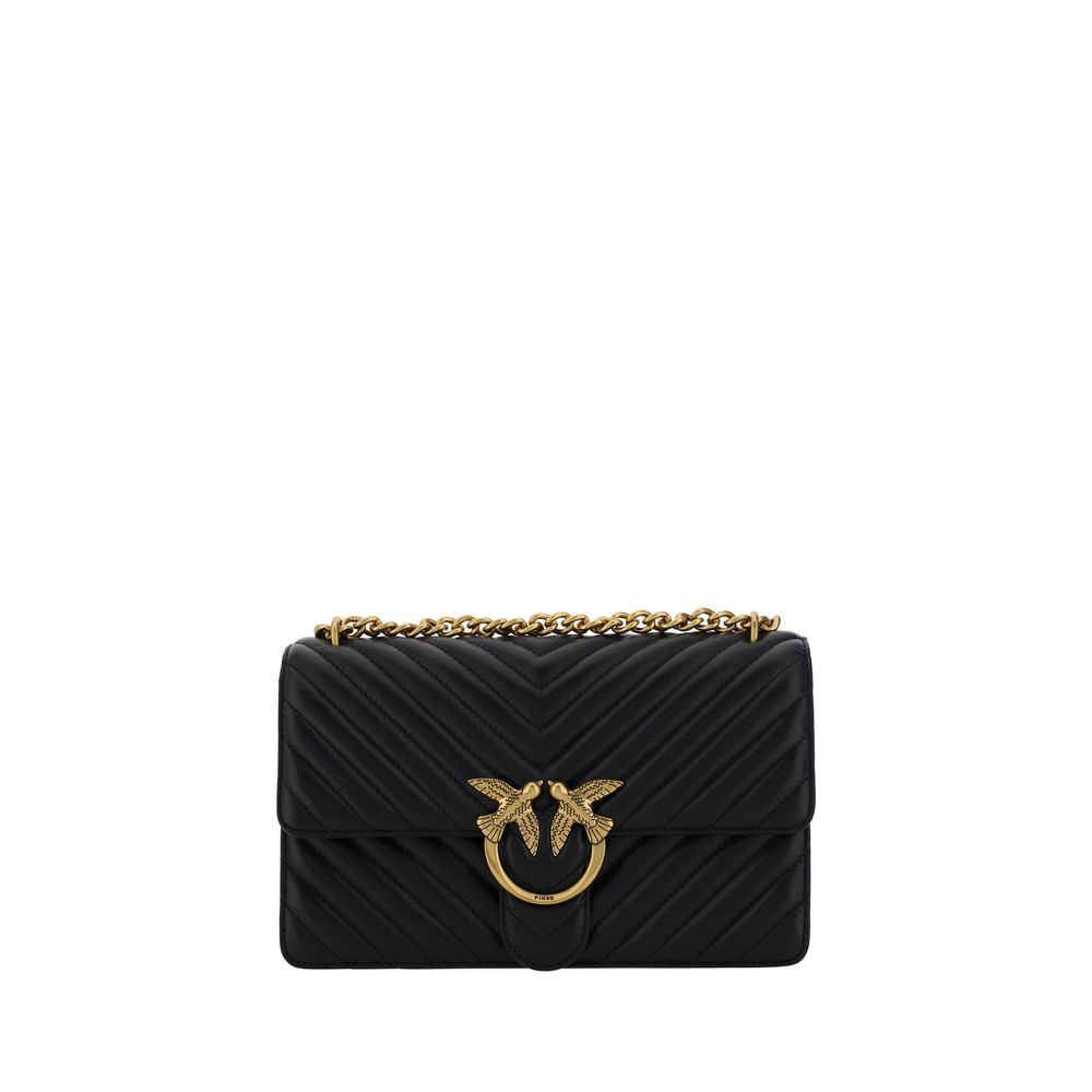 Quilted Shoulder Bag by PINKO for women in leather black, gold & monogram features a effortless chic silhouette with a secure magnetic & button, ample , and versatile shoulder-strap & adjustable-strap for a effortless chic finish.