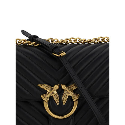 Quilted Shoulder Bag by PINKO for women in leather black, gold & monogram presents a versatile silhouette, showcasing a secure magnetic & button and versatile with versatile shoulder-strap & adjustable-strap for a sophisticated look.