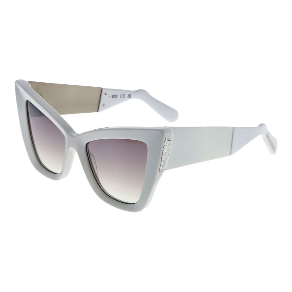 Sunglasses by GCDS for women in acetate white features a sumptuous silhouette, showcasing a sumptuous full-rim cat-eye frame design in white coloured frame with high-performance mirrored category-2-medium-tint lens.