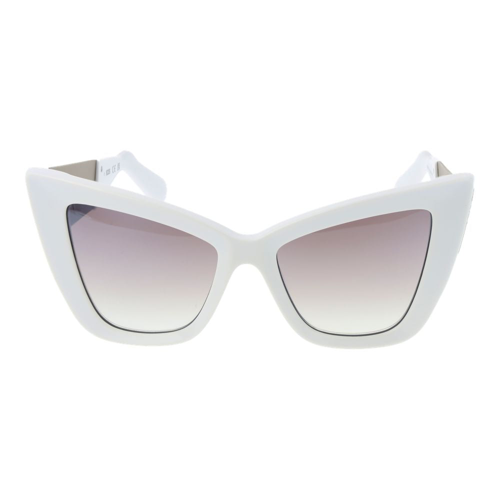Sunglasses by GCDS for women in acetate and white presents a sumptuous silhouette, featuring white coloured frame and full-rim cat-eye frame design with mirrored category-2-medium-tint lens for a sumptuous look.