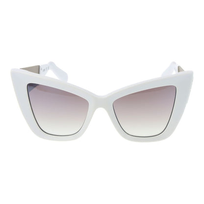 Sunglasses by GCDS for women in acetate and white presents a sumptuous silhouette, featuring white coloured frame and full-rim cat-eye frame design with mirrored category-2-medium-tint lens for a sumptuous look.