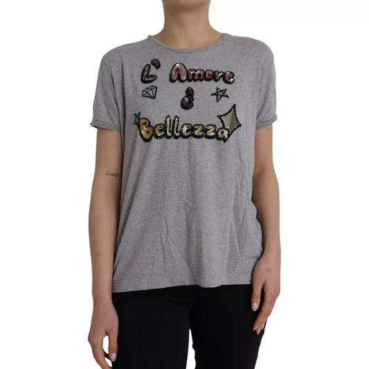 T-Shirt by Dolce & Gabbana for women in cotton gray & multicolor showcases a unassuming silhouette, artfully detailed with a refined crew neckline and unassuming short-sleeve for a sophisticated, contemporary look.
