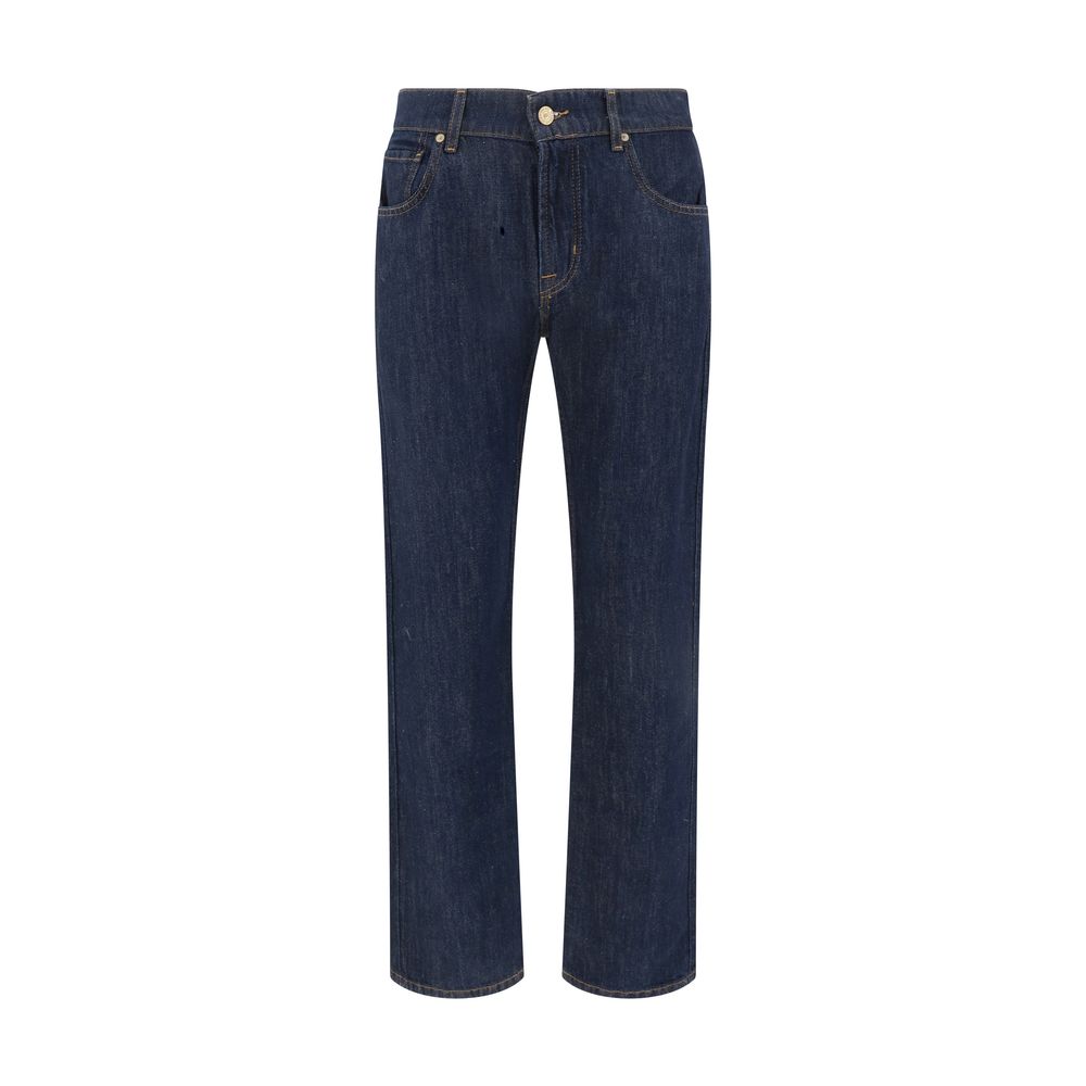 Jeans by 7FOR for men in denim cotton blue presents a tailored silhouette, showcasing a tailored straight-leg & regular-fit and long cut with a refined for a truly tailored aesthetic.