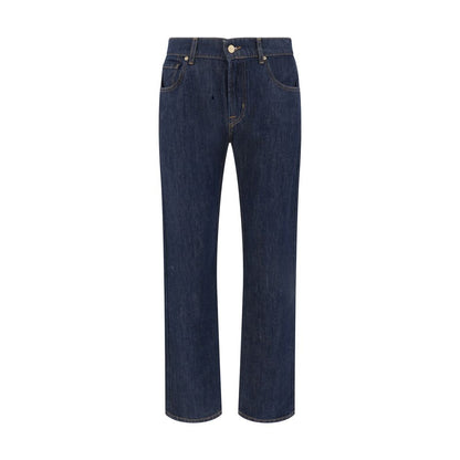 Jeans by 7FOR for men in denim cotton blue presents a tailored silhouette, showcasing a tailored straight-leg & regular-fit and long cut with a refined for a truly tailored aesthetic.