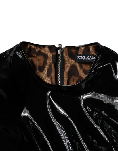 Dolce & Gabbana Black Patent Leather Puff Sleeves Mini Dress