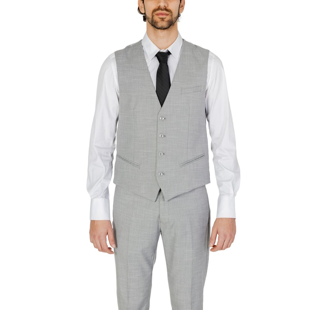 Vest by Antony Morato for men in stretch viscose polyester gray features a stylish silhouette, showcasing distinct pockets and a refined for a truly stylish finish.