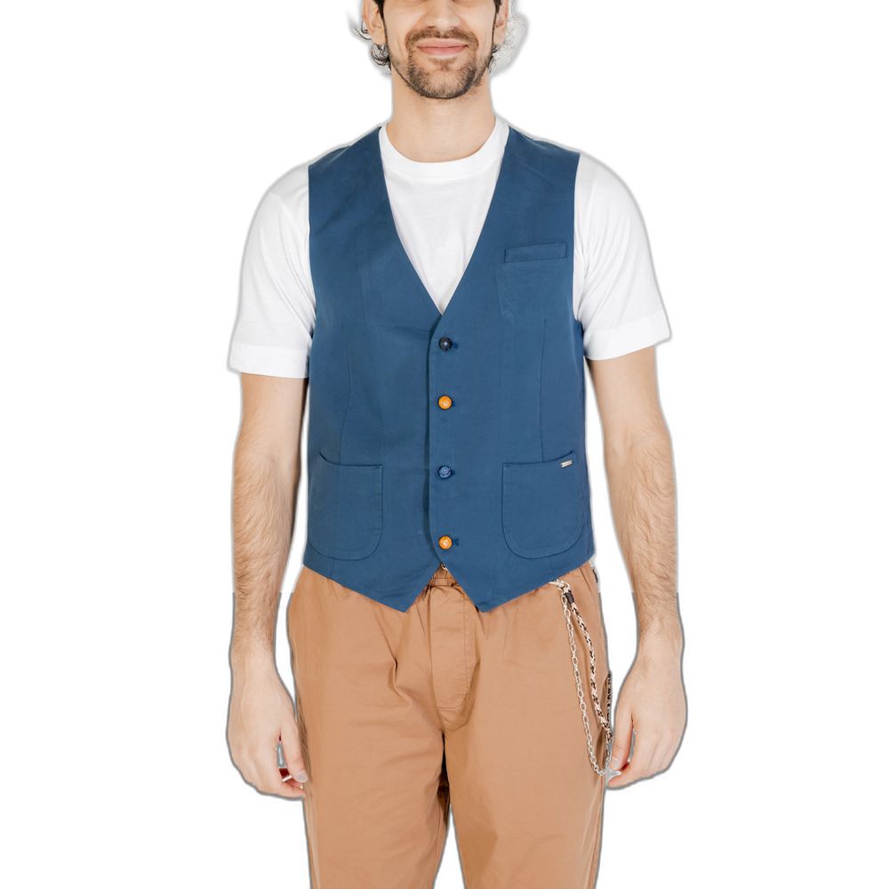 Vest by Gianni Lupo for men in cotton blue showcases a dynamic silhouette, perfectly balancing with a dynamic for a sophisticated, high-fashion look.