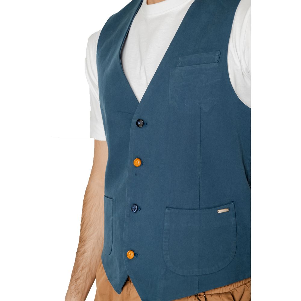 Vest by Gianni Lupo for men in cotton blue showcases a utilitarian silhouette, artfully incorporating and a utilitarian for a truly utilitarian finish.