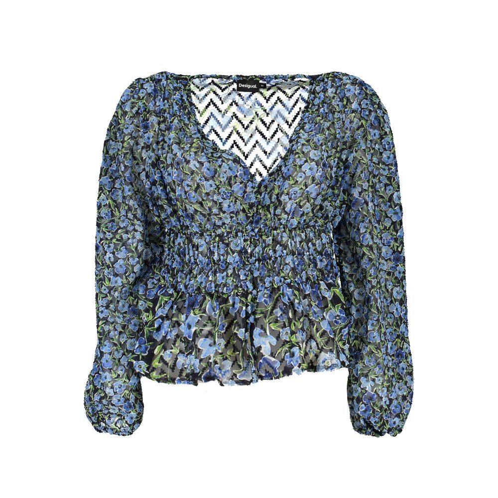 Sweater by Desigual for women in polyester blue & patterned showcases a discreet silhouette, finished with a discreet v-neck neckline and long-sleeve for a discreet look.