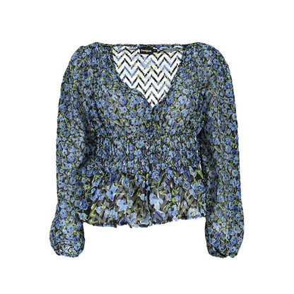 Sweater by Desigual for women in polyester blue & patterned showcases a discreet silhouette, finished with a discreet v-neck neckline and long-sleeve for a discreet look.