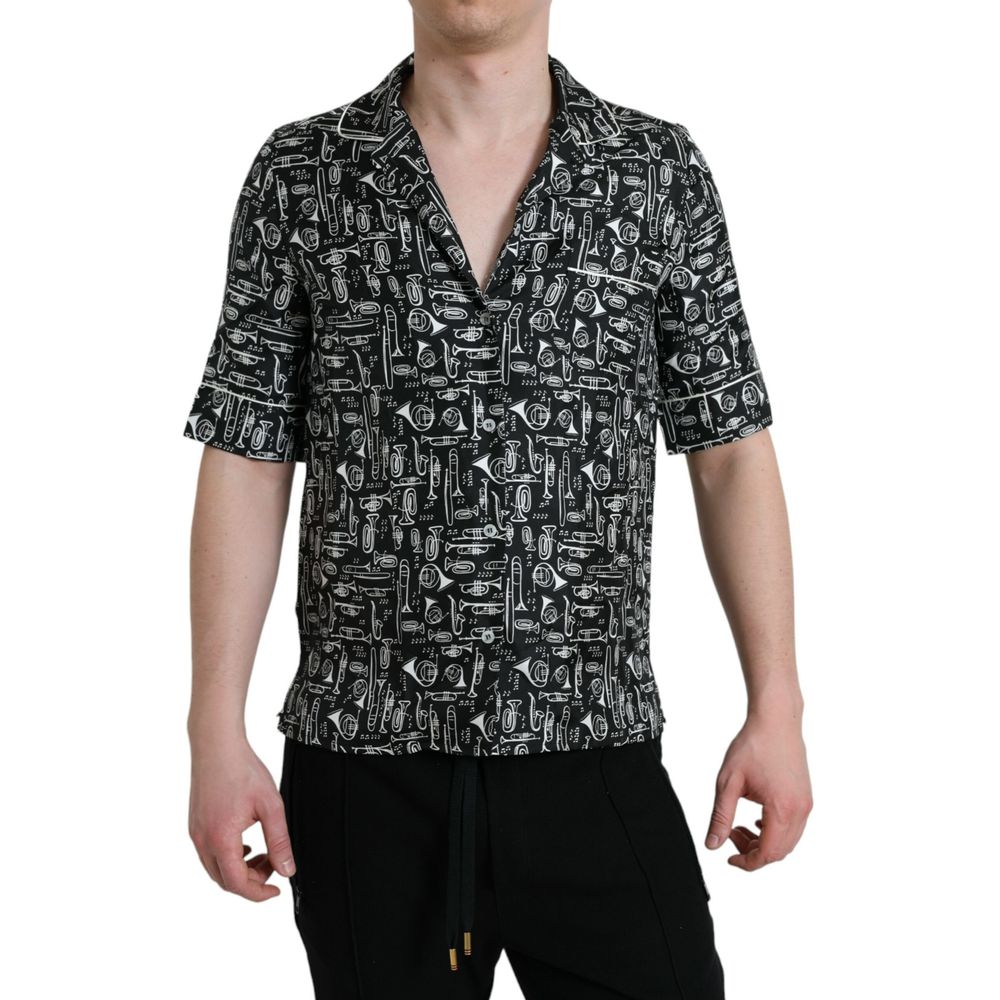 Polo Shirt by Dolce & Gabbana for men in silk black, white & print showcases a sharp silhouette, detailed with a refined and sharp for a sophisticated finish.