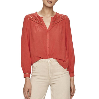 Shirt by Pepe Jeans for women in viscose cotton red & patterned features an architectural silhouette with a refined and elegant v-neck neckline for a architectural look.