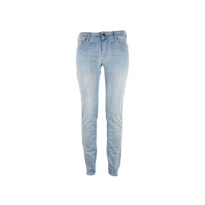 Jeans by Jacob Cohen for women in cotton denim & leather blue presents a refined pantology silhouette, artfully defined by a refined pantology straight-leg, long, and a sophisticated .