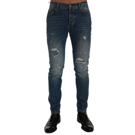 Jeans by Frankie Morello for men in stretch cotton blue features an sartorial slim and long with a cut for a sartorial finish.