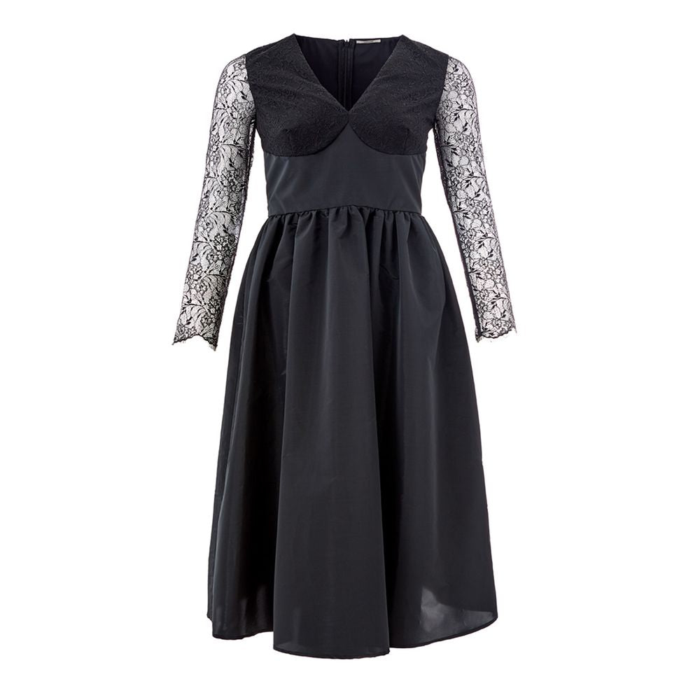 Dress by Lardini for women in polyester black & floral presents a sinuous silhouette, showcasing a sophisticated v-neck neckline and detailed with a sinuous midi for a refined finish.