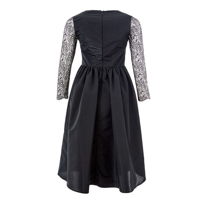 Dress by Lardini for women in polyester black & floral features a dramatic silhouette, showcasing an elegant v-neck neckline and that flows into a dramatic midi.