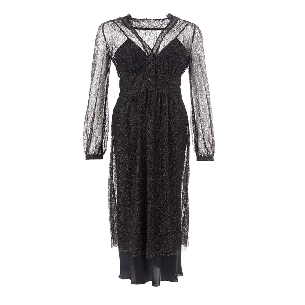 Dress by Lardini for women in nylon chiffon black features an cute silhouette, detailed with a and round neckline that elegantly flows into a cute maxi.