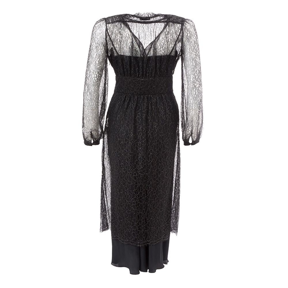 Dress by Lardini for women in nylon chiffon black presents a sinuous silhouette, showcasing a sophisticated round neckline and detailed with a sinuous maxi for a refined finish.