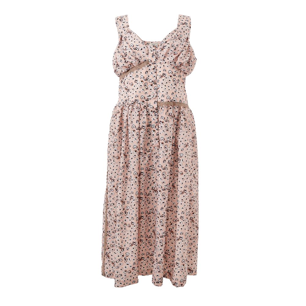 Dress by Lardini for women in acetate pink & floral features a dramatic silhouette, showcasing an elegant v-neck neckline and sleeveless that flows into a dramatic .