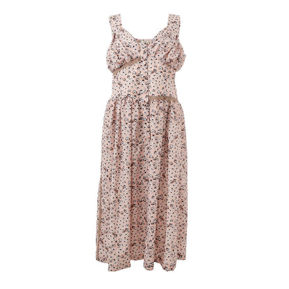 Dress by Lardini for women in acetate pink & floral features a dramatic silhouette, showcasing an elegant v-neck neckline and sleeveless that flows into a dramatic .