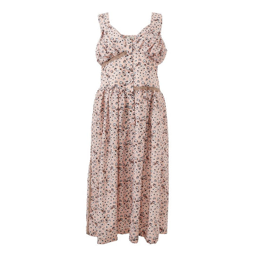 Dress by Lardini for women in acetate pink & floral features a dramatic silhouette, showcasing an elegant v-neck neckline and sleeveless that flows into a dramatic .