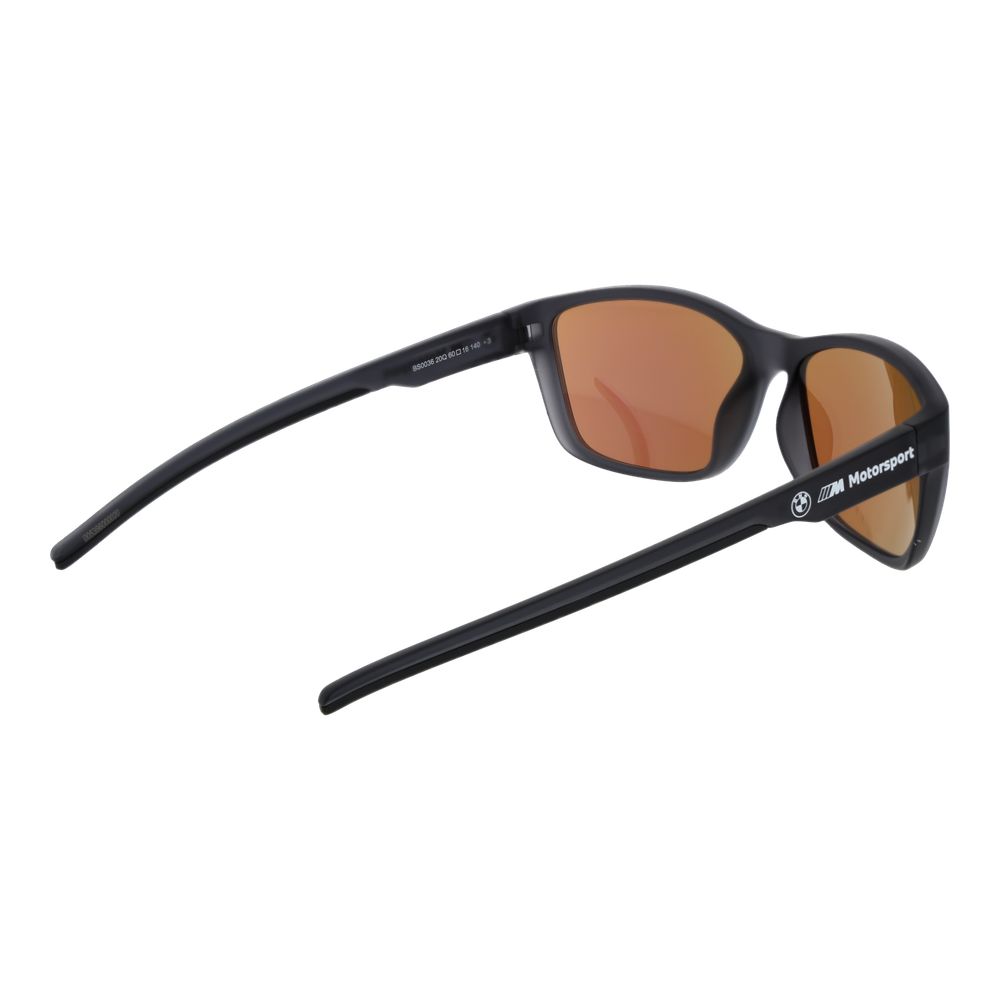 Sunglasses by BMW Motorsport for men in plastic black features an lustrous full-rim sport frame design with black coloured frame detailing and mirrored category-3-dark-tint lens for a lustrous aesthetic.