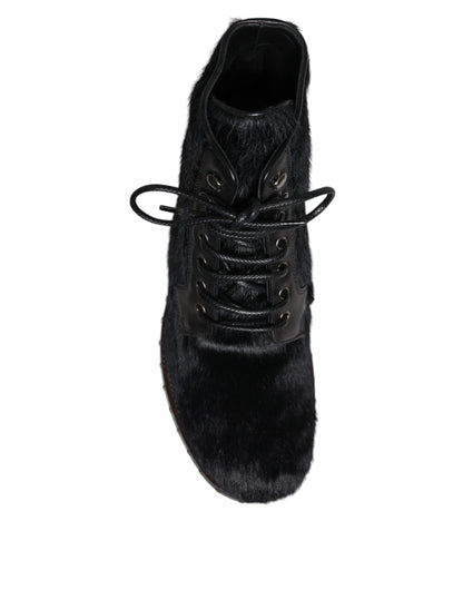 Dolce & Gabbana Black Pony Style Leather Mid Calf Boots Shoes