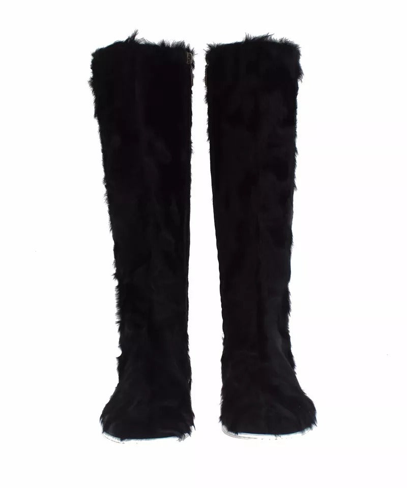 Dolce & Gabbana Women's Lamb Shearling Xiangao Leather Fur & Rubber Flat High Knee-High Boots - Black