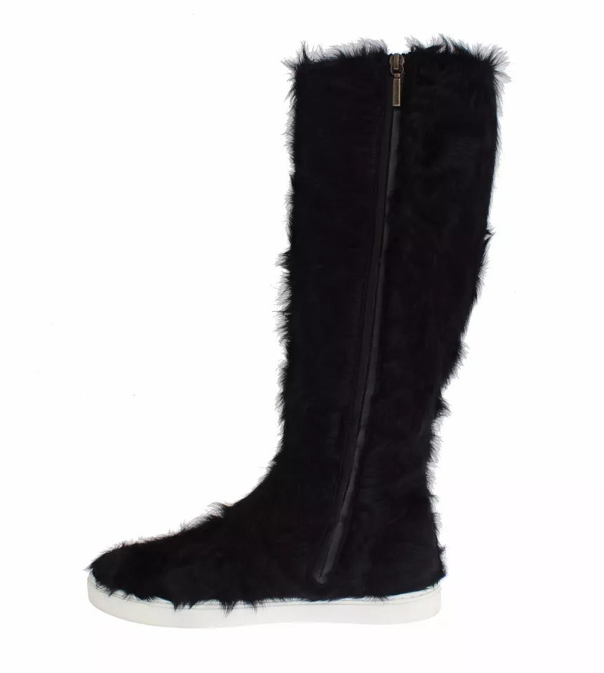 Dolce & Gabbana Women's Lamb Shearling Xiangao Leather Fur & Rubber Flat High Knee-High Boots - Black