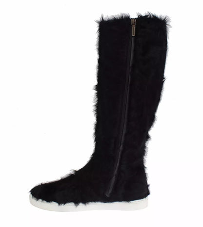 Dolce & Gabbana Women's Lamb Shearling Xiangao Leather Fur & Rubber Flat High Knee-High Boots - Black
