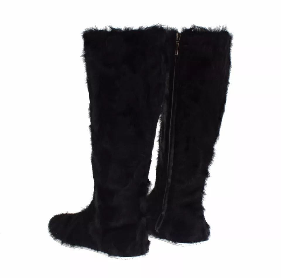 Dolce & Gabbana Women's Lamb Shearling Xiangao Leather Fur & Rubber Flat High Knee-High Boots - Black