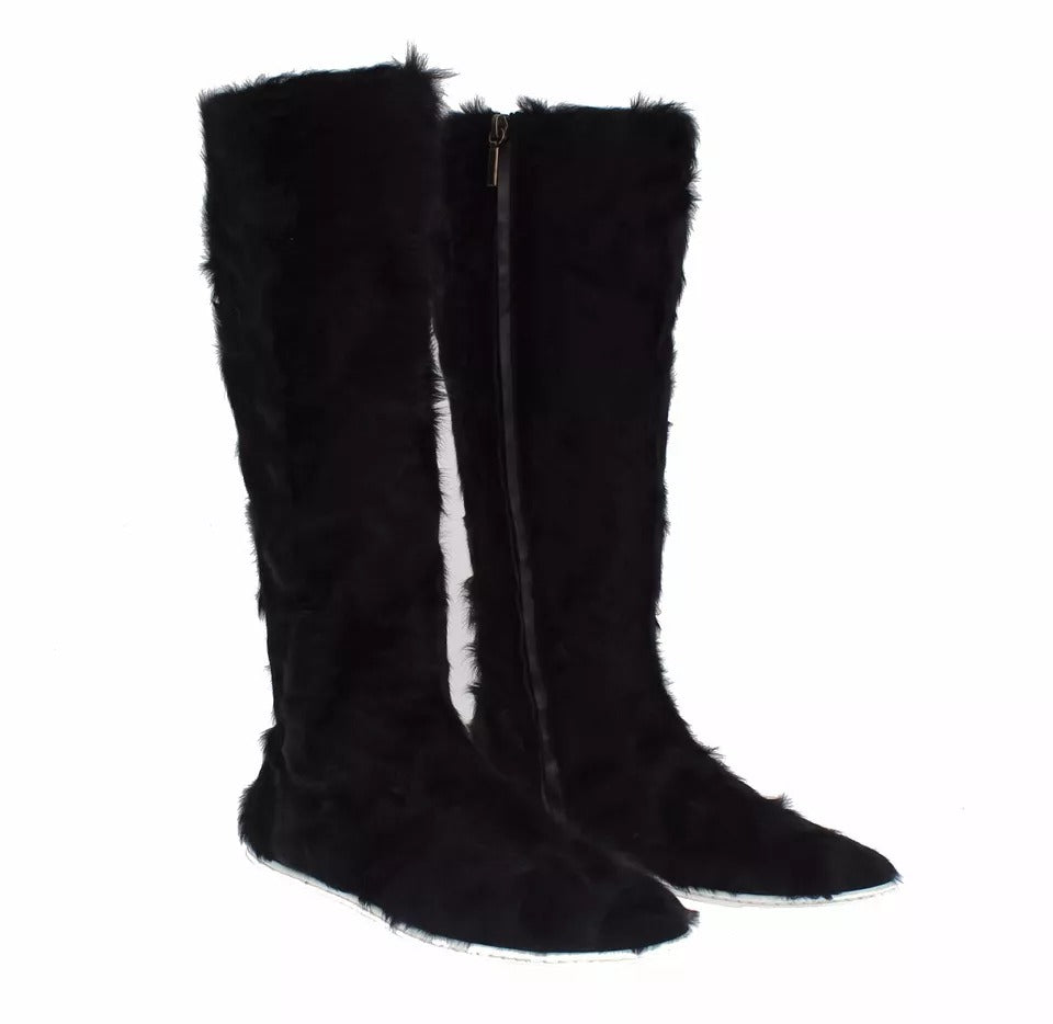 Dolce & Gabbana Women's Lamb Shearling Xiangao Leather Fur & Rubber Flat High Knee-High Boots - Black