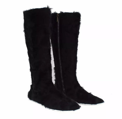 Dolce & Gabbana Women's Lamb Shearling Xiangao Leather Fur & Rubber Flat High Knee-High Boots - Black