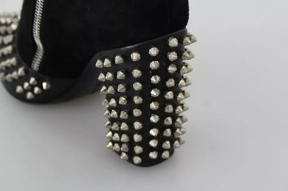Philipp Plein Black Suede Studded Heels Ankle Boots Shoes