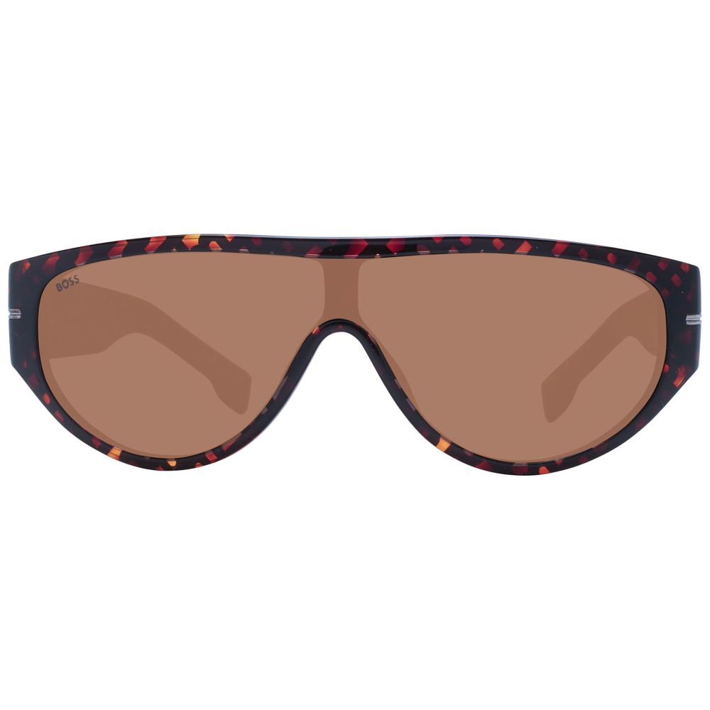 Sunglasses by Hugo Boss for men in eco-acetate brown features a sumptuous silhouette, showcasing a sumptuous full-rim mono-lens frame design in brown coloured frame with high-performance non-polarized category-3-dark-tint lens.