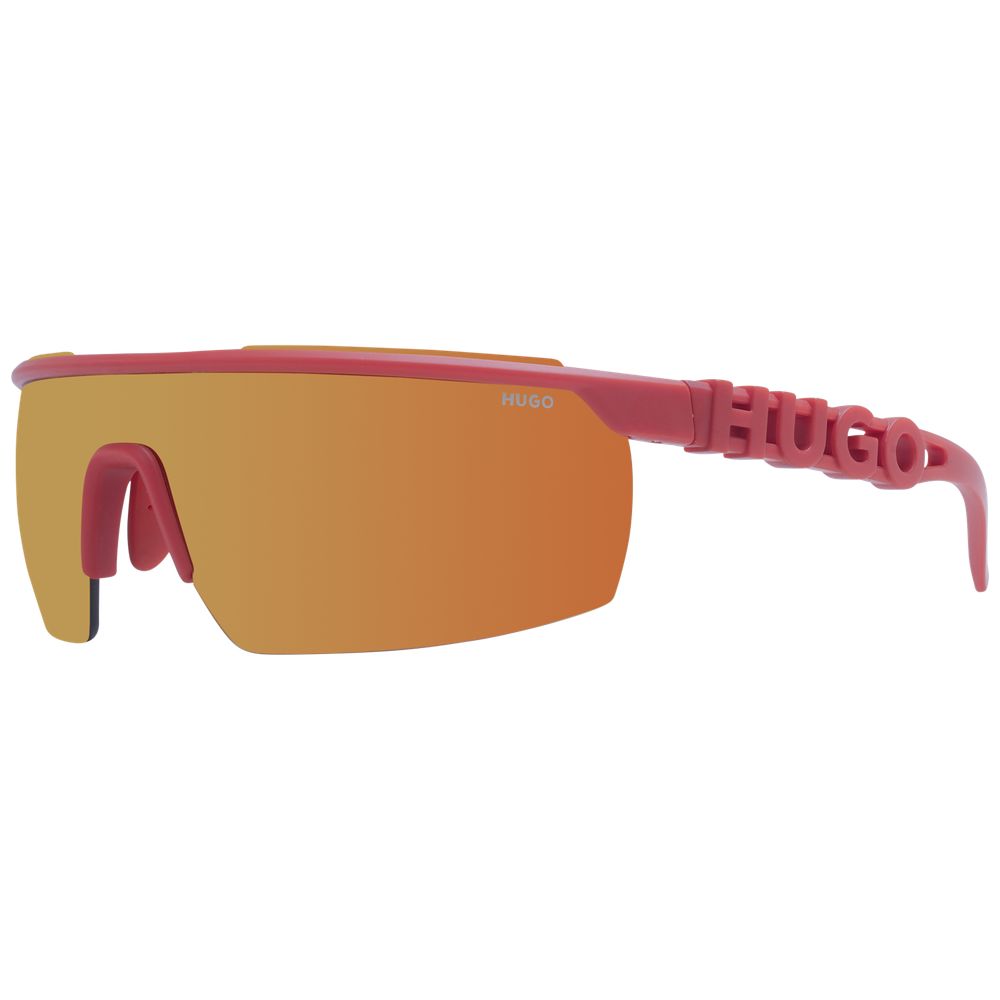 Sunglasses by Hugo Boss for men in polyamide red features an ethereal full-rim mono-lens frame design with red coloured frame frames and mirrored category-2-medium-tint lens for a ethereal finish.