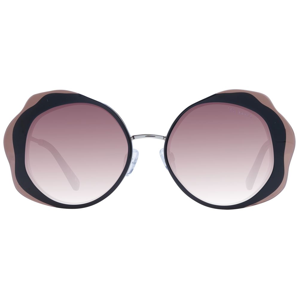 Sunglasses by Ted Baker for women in acetate black features a sumptuous silhouette, showcasing a sumptuous full-rim round frame design in black coloured frame with high-performance gradient category-3-dark-tint lens.